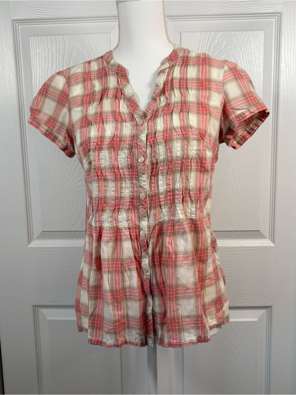 Boho Cottagecore Prairie Cotton Plaid Pintuck Button Front Blouse M